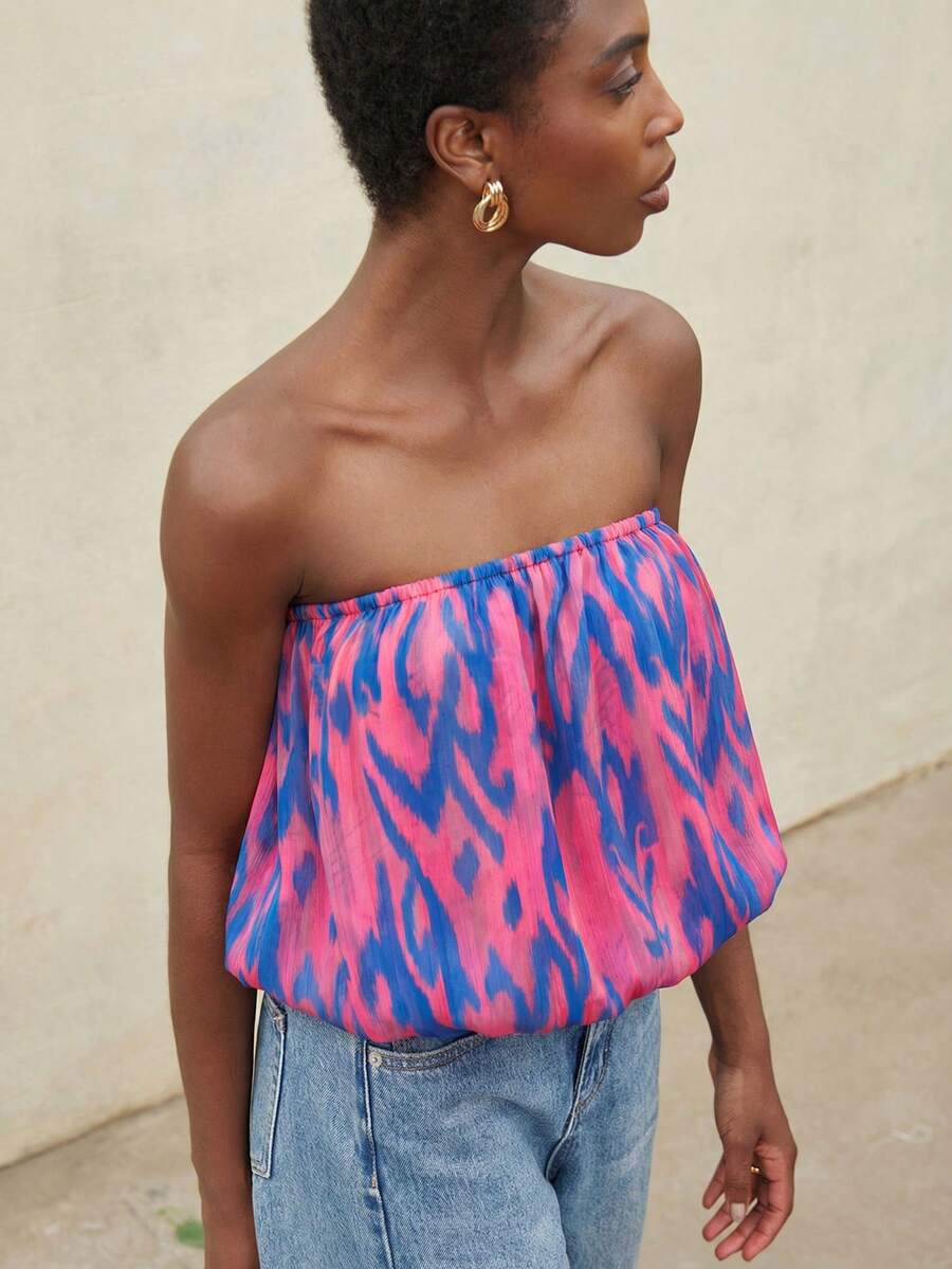 Aveloria Modichic Áo croptop dáng suông bằng chiffon vàng, kiểu dáng nghỉ dưỡng biển mùa Xuân/Hè mới dành cho nữ, in họa tiết tranh sơn dầu. - Hồng - Xem 1