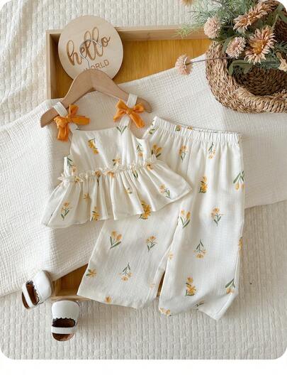 2 Pieces Baby Girl Summer Cute Floral Print Camisole Top Elastic Waist Pants Set