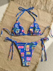 Soleia Bộ bikini 2 mảnh màu xanh công xanh lam dệt kim ánh kim, cổ chữ V, trang trí dây xích vỏ sò, buộc dây, thích hợp cho kỳ nghỉ. - Màu xanh lam - Xem 3
