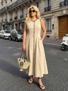 Dripcurv 大码女式夏季杏色无袖长连衣裙，夏季连衣裙，度假装，沙滩裙，乡村风连衣裙，杏色连衣裙，女士度假装。 - 杏色 - 查看 4