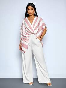 SOLERSUN 女士优雅粉彩条纹叶子印花V领蝙蝠袖褶裥不对称高低摆上衣，裹身式宽松版型（随机花卉图案） - 粉色 - 查看 4