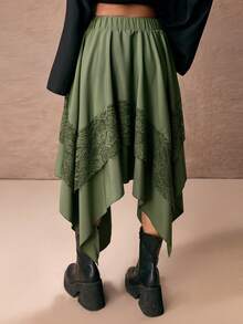ROMWE PETITE 不对称下摆蕾丝拼接松紧腰半身裙，自然风格 - 軍綠色 - 查看 2