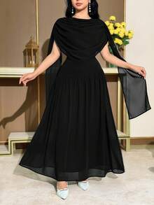Modelyn 女士纯色圆领褶皱斗篷式优雅中长连衣裙 - 黑色 - 查看 5