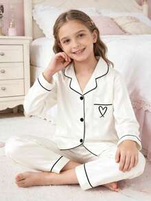 Conjunto de pijama de 2 piezas con cárdigan de manga larga a rayas color champán y pantalones para niñas - Blanco - Ver 6