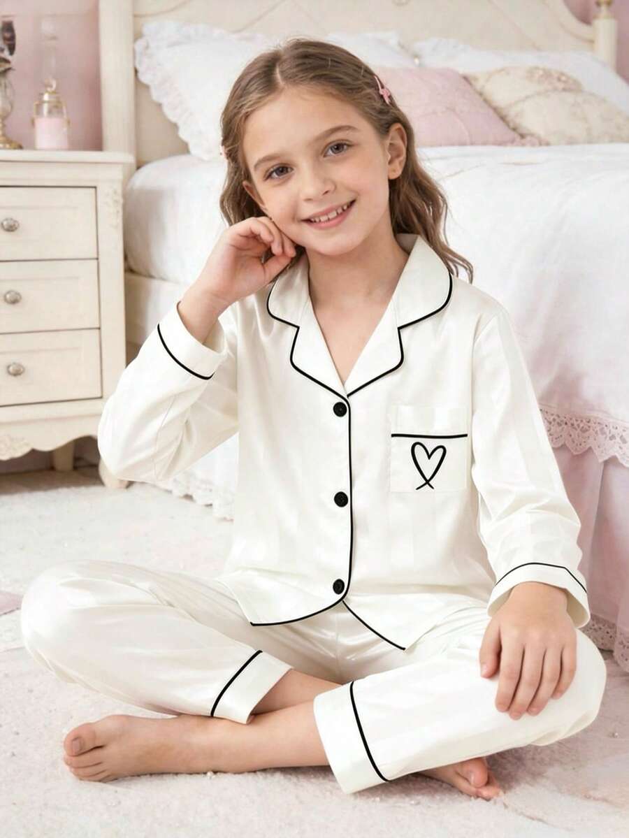 Girls Champagne Striped Long Sleeve Cardigan And Pants 2 Pieces Pajama Set - White - View 1