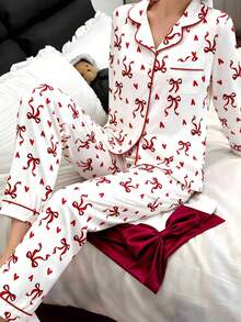 Cute & Bowknot And Heart Print Girls Long Sleeve Cardigan With Loose Pants 2 Pieces Pajama Set - Apricot - View 5