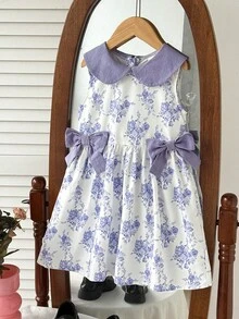 SHEIN 女童紫色彼得潘領碎花蝴蝶結裝飾休閒度假時尚無袖洋裝 - 白色 - 查看 6
