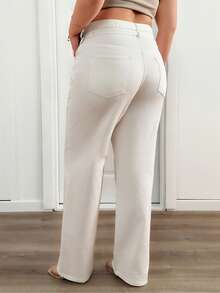 EURMUSE Plus High Waist Belted Straight Jean White Dress Pants Cream Pants White Wide Leg Pants Womens White Pants - White - View 3