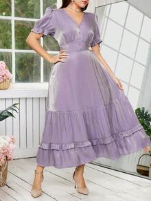 Ellevyn Đầm nữ cỡ lớn màu trơn cổ chữ V tay ngắn cánh hoa xếp nếp viền đầm thanh lịch - Màu tím - Xem 6