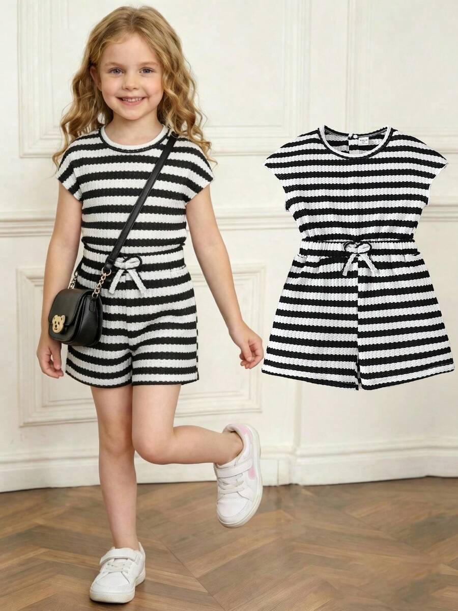 Girls' Summer New Striped Casual Jumpsuit - Black and White - View 1
