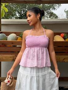 Sunnyshic Women's Pink Embroidered Halter Neck Tie Camisole, Fashionable Versatile For Outings, Dates, Beach Vacations, Cute & Sweet, Spring/Summer Back To School Season - Pink - View 4
