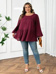 SHEIN CURVE+ CURVE PLUS /Ngày Valentine/Áo kiểu nữ cỡ lớn dáng rộng tay phồng xếp ly màu đỏ tía, trang phục mùa thu, trang phục mùa đông, áo kiểu boho, áo dài tay cỡ lớn cho nữ, trang phục năm mới/2026/Năm mới - Màu Đỏ Sâu - Xem 7