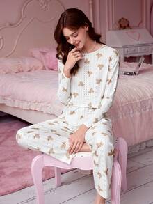Bonmuse 两件套女士圆领长袖上衣+松紧腰裤睡衣套装 - 白色 - 查看 3