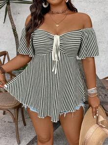 SHEIN VCAY Blusa/camisa de mujer vintage de talla grande, casual, de vacaciones, de primavera/verano, de playa, bohemia, con jacquard, a rayas, hombros descubiertos y cordón, colorida - Verde - Ver 5