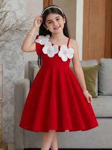 SHEIN 小女孩白色连衣裙，饰有3D串珠花朵，A字收腰设计，适合生日派对、夏季优雅场合。红色连衣裙，适合女孩、小女孩、年轻女孩、红色花童、女孩派对等场合。 - 紅色 - 查看 3