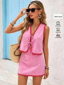 Vivid Eden 女士夏季度假系带上衣和裙子两件套 - 玫紅色 - 查看 6