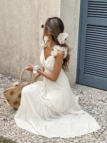 Serisse 女士纯色荷叶边露肩无袖连衣裙，时尚度假之选 - 杏色 - 查看 6