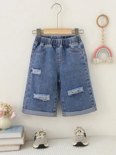 2026 New Baby Girls Denim Straight Leg Jeans, Distressed Design, Soft Washed Denim Fabric, Suitable For Daily Wear, Outdoor Play, Parties And Festivals