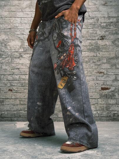 Modcrash Hearty Haven 1件装美式街头时尚数码印花男士阔腿牛仔裤，时尚、宽松、舒适、百搭休闲裤（不含腰带或配饰），复古美式，男女皆宜，宽松版型夏季服装——适合日常穿着和夏季度假穿着。