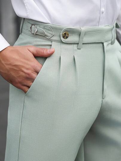 Manfinity Bizformal Pantalones entallados para hombres, diseño de hebilla en la cintura, tela texturizada, pantalones casuales de negocios, pantalones ajustados de estilo retro, adecuados para padres, esposos, novios, primavera