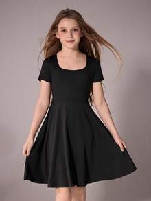 Tween Girl Casual Vacation Black Knit Dress, Comfortable & Soft, Versatile For Spring/Summer Outing, Vacation, Travel - Black - View 3