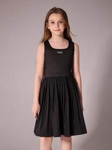 Girls' Casual Vacation Black Bow Pleated Camisole Dress, Summer Outfits, Soft & Fashionable Design, Versatile For Vacation, Travel, Campus And Daily Wear - Black - View 3