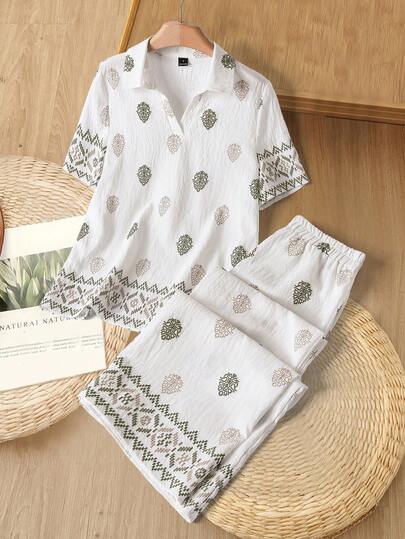 Rusticease Party Women's Summer Vacation Textured Print Short Sleeve Top And Wide Leg Pants 2 Pieces Set  Summer Outfits For Women Spring Outfit 2 Piece Set Shirt Sets For Women Elegant Women's Set  Casual Sets For Women  White Vacation Outfits Women Country Style For Women
