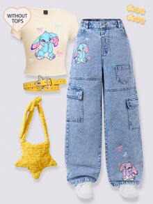 SHEIN One Piece 2026春夏新款浅蓝色高腰卡通印花工装阔腿牛仔长裤，大码女童弹力腰多口袋宽松直筒拖地裤，休闲酷炫个性街头风百搭品牌阔腿裤 - 淺色水洗藍 - 查看 6