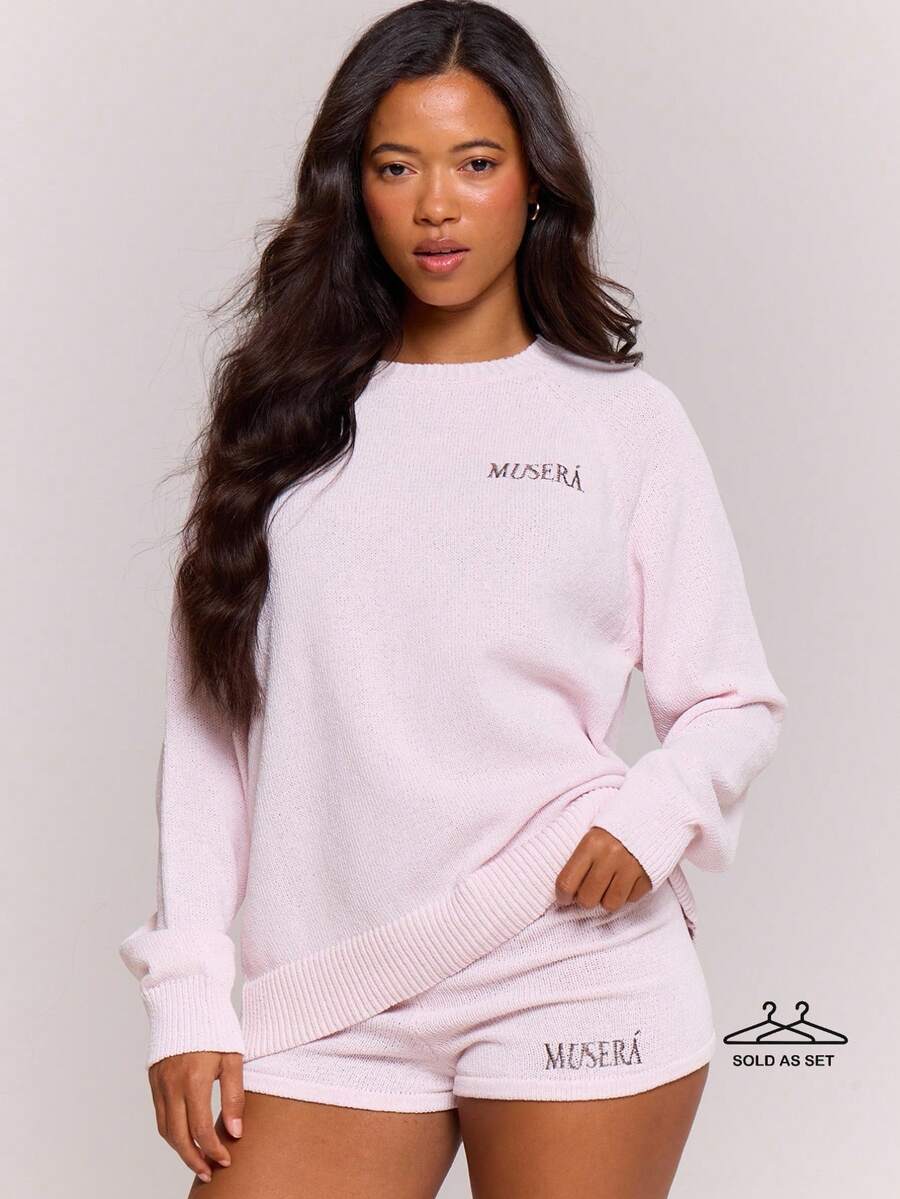 MUSERA 针织圆领毛衣和迷你短裤套装，居家休闲舒适，适合春夏场合和旅行约会 - 淺粉色 - 查看 1