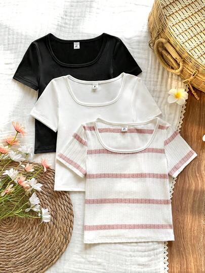 Vintaside Kids 3pcs Girls' Basic Square Neck Short Sleeve T-Shirt, Solid Color Ribbed Texture Fitted Undershirt/Outerwear
