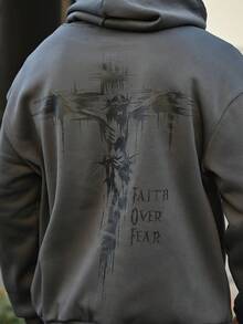 Devon Thys 男士休闲轻薄套头连帽衫，印有耶稣十字架字母图案，抽绳设计，宽松版型，适合春秋季穿着。 - 灰色 - 查看 3