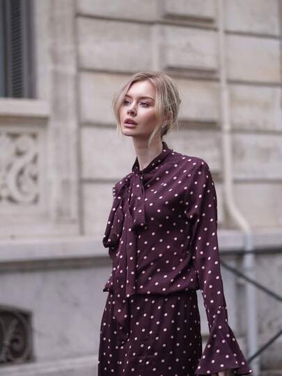 ORNATELLA Vacation-Inspired Elegant Commuter Brown & Pink Polka Dot Print Collar Bow Decor Long Sleeve Ruffle Sleeve Women Casual Shirt + High Waist Straight Women Skirt 2-Piece Set, Suitable For Spring, Summer, Going Out, Elegant, Formal, Party, Chic, New Year, Christmas, Graduation