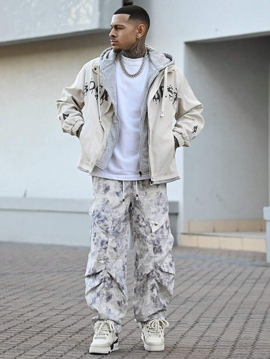 Devon Thys 男士长袖秋冬时尚字母印花连帽夹克，二合一 - 白色 - 查看 1