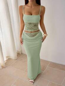 SHEIN PETITE Ladies Summer Lace Stitching See-Through Two Pieces Suit Backless Top + Long Skirt Sexy And Elegant Festival Wear Valentine's Day Dating Wear Music Festival Banquet Light Dress Suitable For Autumn And Winter Inner Wear - Green - View 7