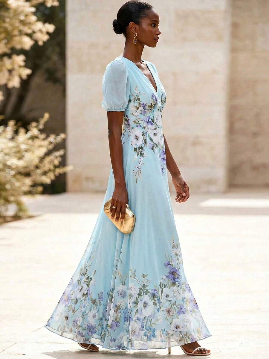 Balvessa Women's Elegant Printed V-Neck Waist Tie A-Line Maxi Dress, Floral Pattern, Suitable For Spring/Summer - Multicolor - View 1