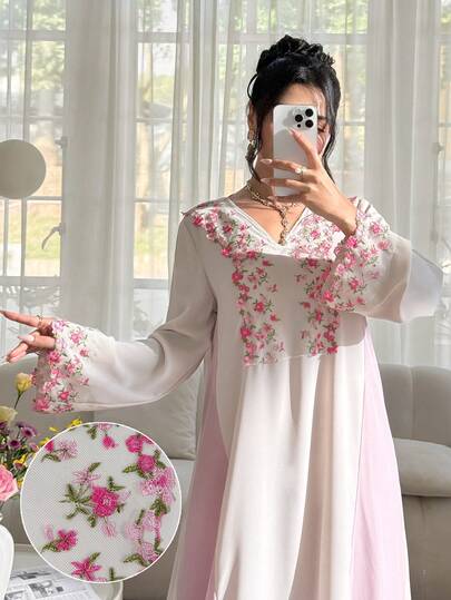 Al Najma V-Neck Contrast Color Embroidered Floral Trim Flared Elegant Party Dress