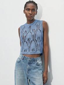 Maija Blue Plain Round Neck Sleeveless Sheer Knit Top For Women Regular Length Casual Style - Blue - View 3