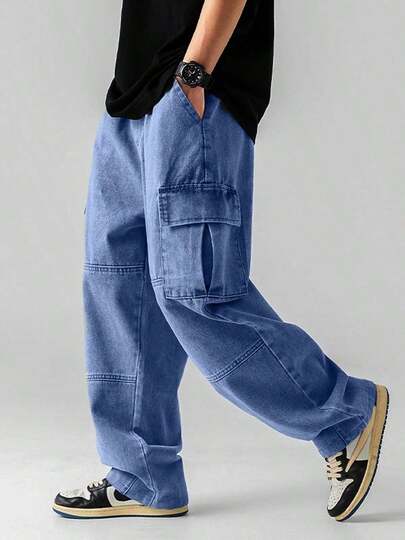 Vaqueros informales versátiles para hombre, pantalones de trabajo de corte ancho de inspiración vintage, diseño con múltiples bolsillos.