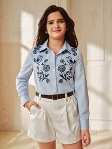 Anewsta Spring New Girls & Tween GirlsLong Sleeve Striped Embroidered Casual Blue Shirt - Blue - View 6