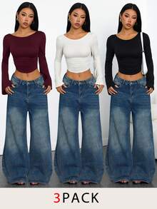 SHEIN PETITE 3件套女士纯色喇叭袖褶皱T恤，外出上衣，假日长袖露脐上衣，秋冬季，返校季，乡村音乐会，万圣节 - 彩色 - 查看 2