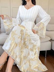 DAZY Women's Elegant Floral & Striped Patchwork V-Neck Flare Sleeve Mid-Length Dress, Spring/Summer Wedding Guest Dress Sundress - White - View 3