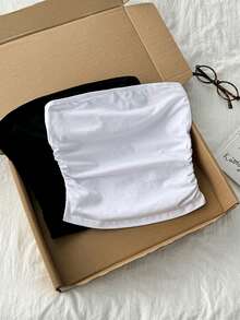 Tseoso 2pcs/Set Women's 95% Cotton Solid Color Simple Comfortable Ruched Camisole Tops - Multicolor - View 4