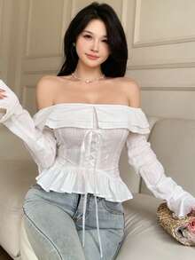 DAZY Women's Elegant Textured Off-Shoulder Ruffle Tie Flare Sleeve Blouse, Spring - Beige - View 9