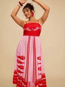 Travachic 大码女式鱼纹印花无袖连衣裙，休闲度假装 - 紅色 - 查看 7