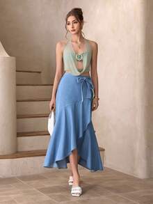 Selenza 女士休闲裹身牛仔迷你裙，夏季 - 藍色 - 查看 5