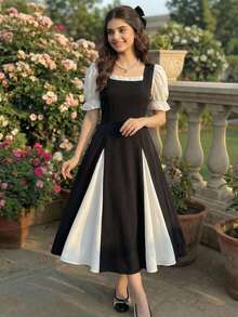 SHEIN Girls' Elegant Black & White Chiffon Waist Cinched Puff Sleeve Patchwork Dress - Black and White - View 3