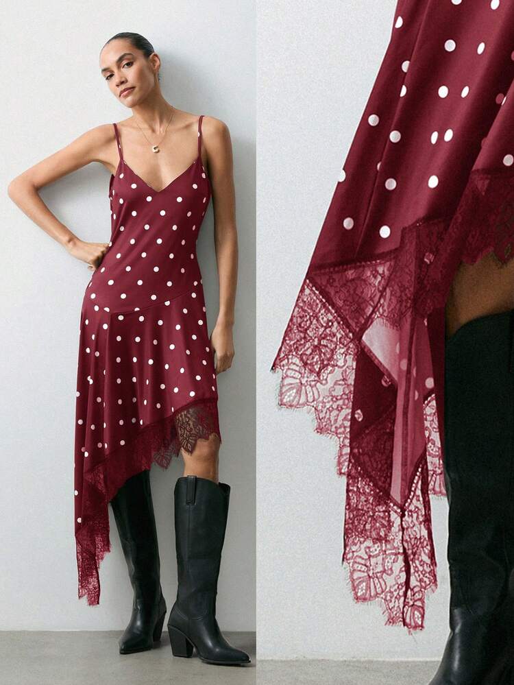 SHEIN Maija Spaghetti Strap Polka Dot Lace Patchwork Women's Slip Dress, Suitable For Valentine's Day Party St Patrick's Day Women Easter Summer Outfits Easter Dress Women Party Top Beach Dress Summer Holiday Outfits Each Vacation Outfits For Women  Summer Outfit For Women Going Out Outfits Graduation Graduation Outfit  Casual Dresses  Casual Blouses For Women