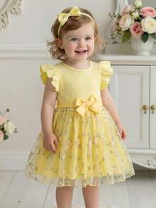 女婴优雅甜美浅黄色刺绣网纱连衣裙，搭配罗纹针织荷叶边荷叶袖上衣和腰带，适合休闲、度假、优雅场合、聚会等，可爱又时尚。 - 黃色 - 查看 3