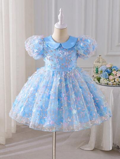 Glamorique Kids Young Girl' Floral Waist Puff Skirt, Tulle Puff Sleeve Elegant Party Dress, Suitable For All Seasons