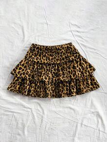 SHEIN Tall CURVE Plus Size Women Vintage Leopard Print Ruched Double-Layer Ruffle Hem Mini Cute Lunch Casual Skirt - Multicolor - View 3